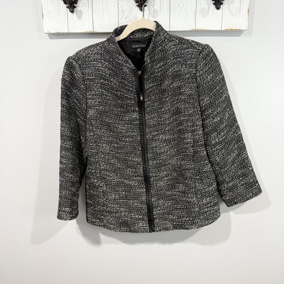 Eileen Fisher Tweed Collarless Jacket Linen Blend Leather Trim M EUC